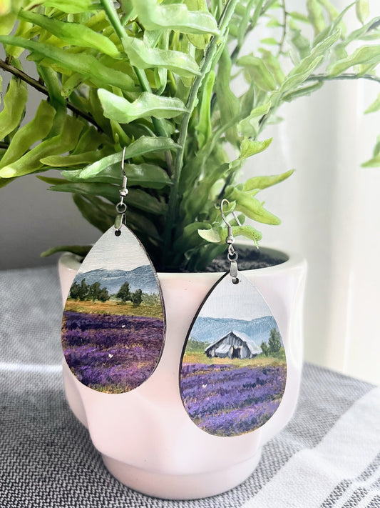 “Lavender Farm” Hand Painted Earrings 2 inch