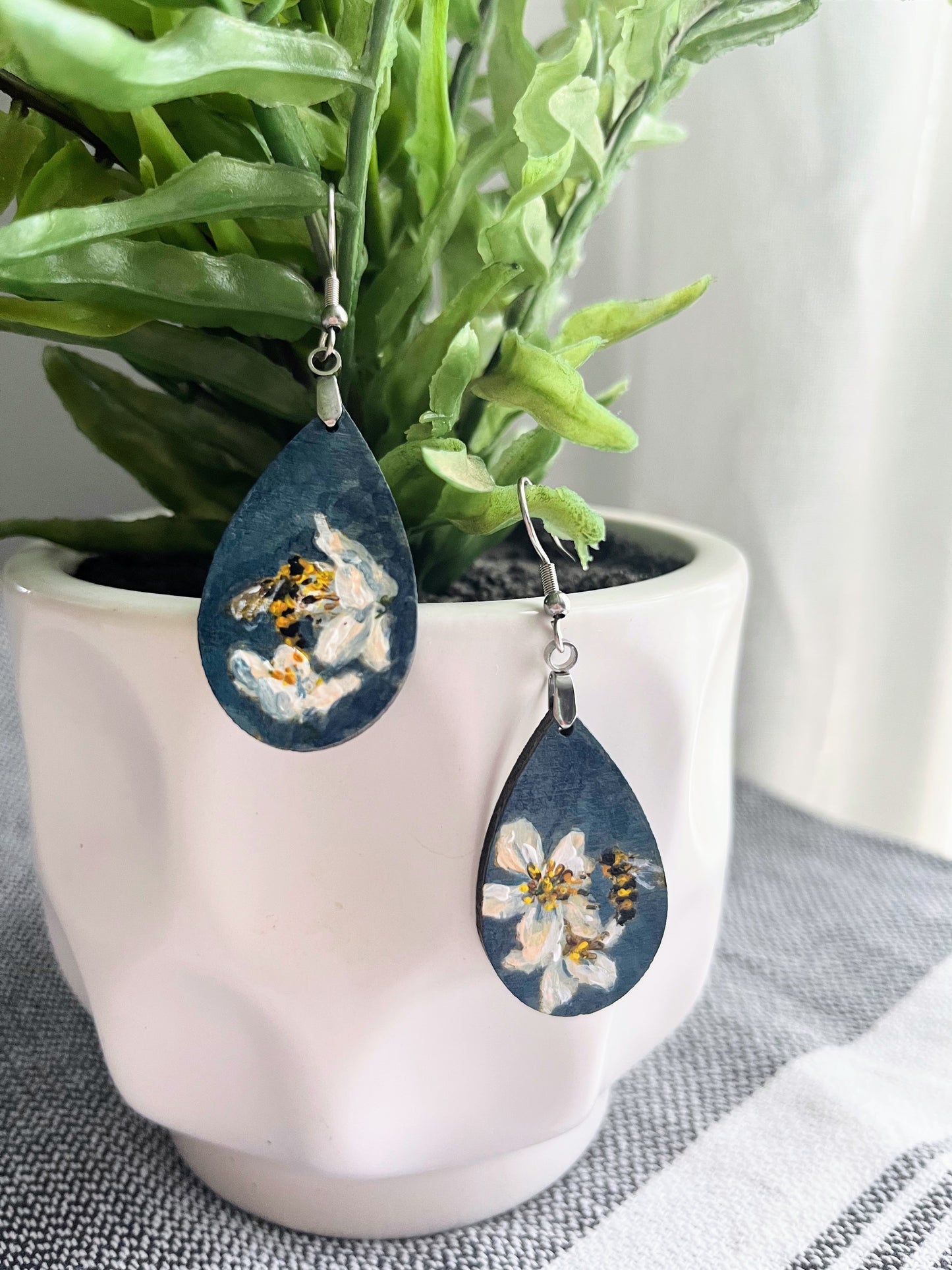 “Apple Blossom Bees” Hand Painted Earrings